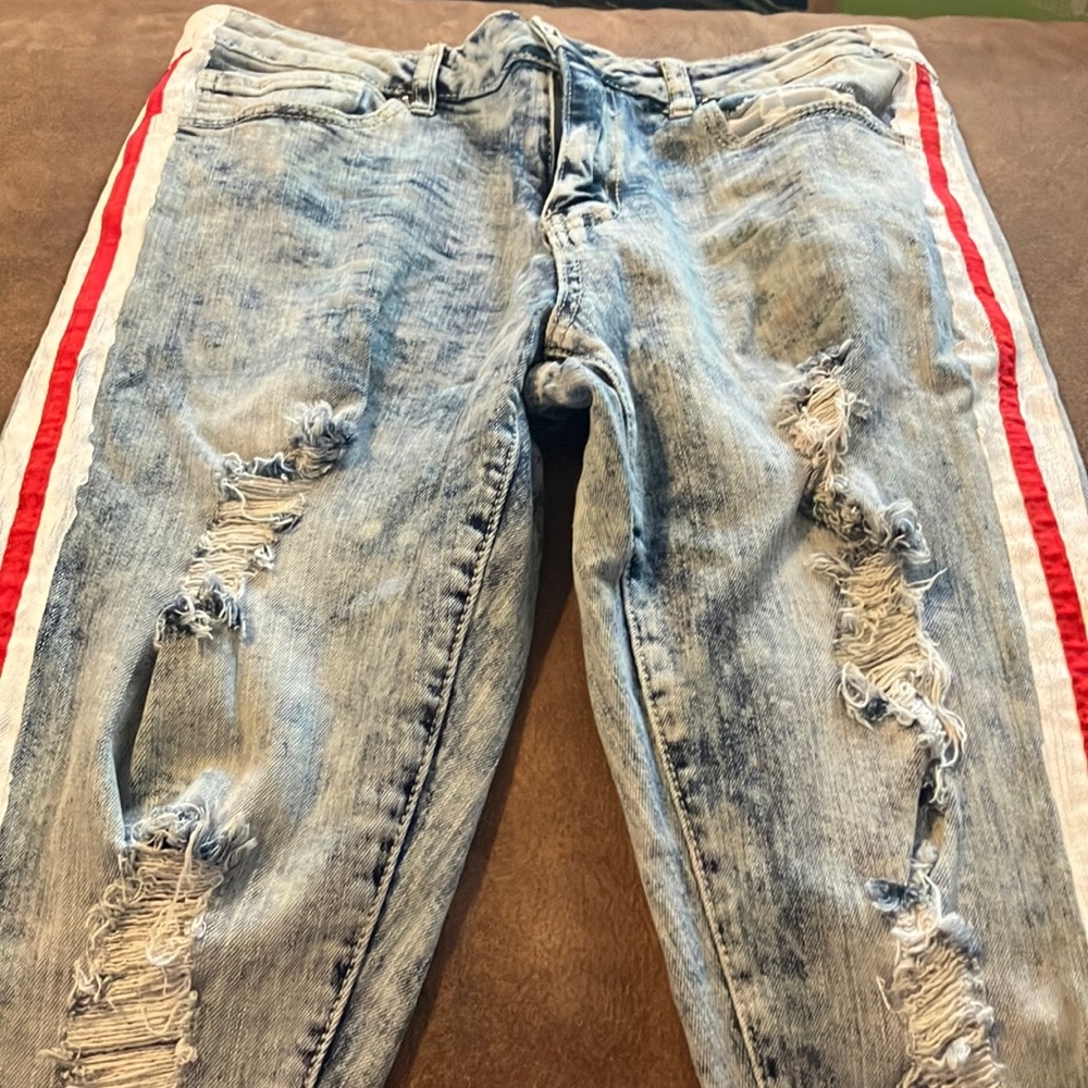 Rue21 Supreme Stretch Skinny Jeans with red/white stripes & Distressed Details